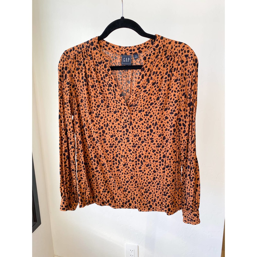 GAP Women's Brown/Black Leopard Print Long Sleeve V-Neck Popover Blouse sz S